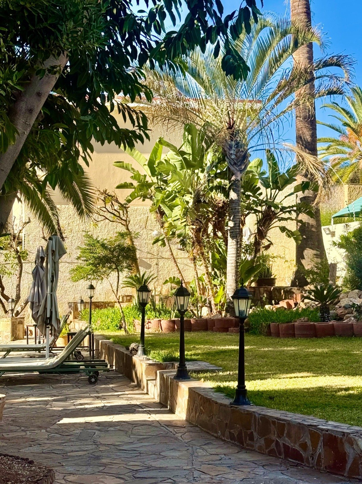 Sunny courtyard with palm trees, manicured lawn, stone pathway, and stone building with terracotta roof